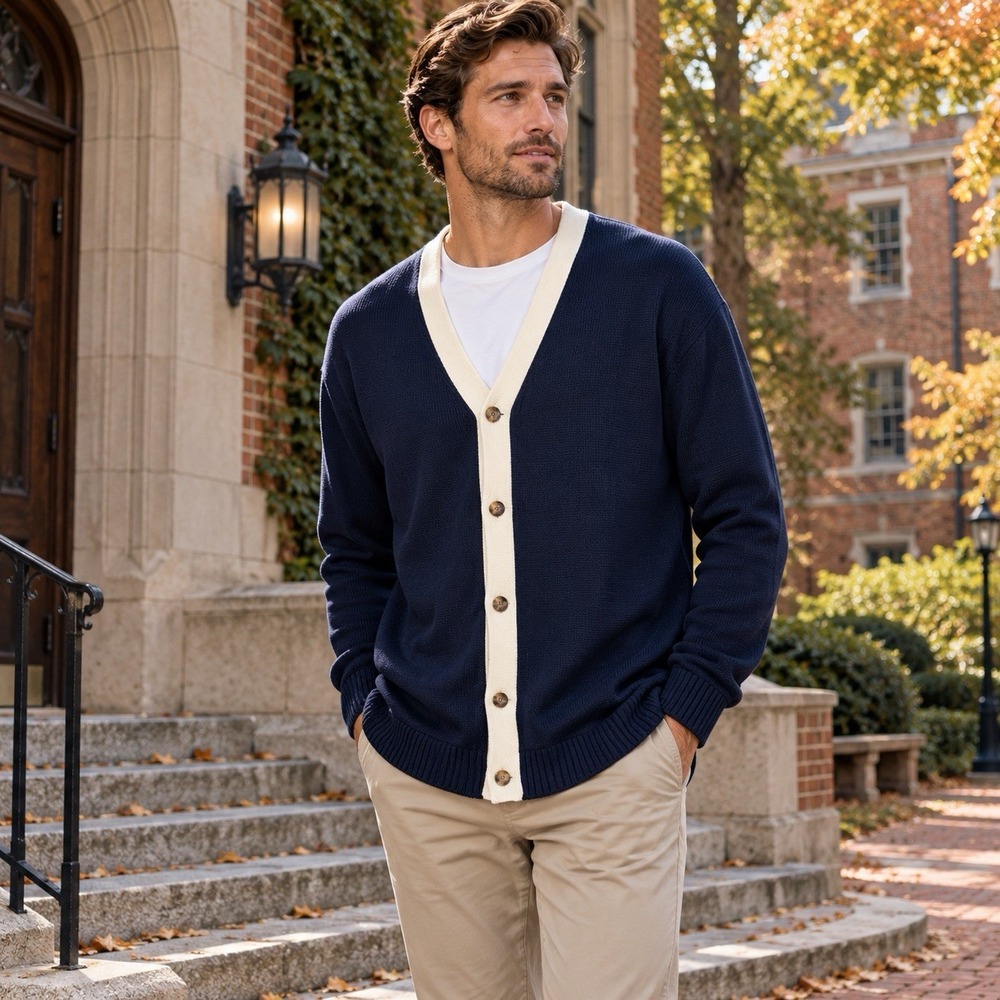 American Tall Cardigan Mens XL Extra Tall Navy Ivory Cotton V Neck Sweater XT